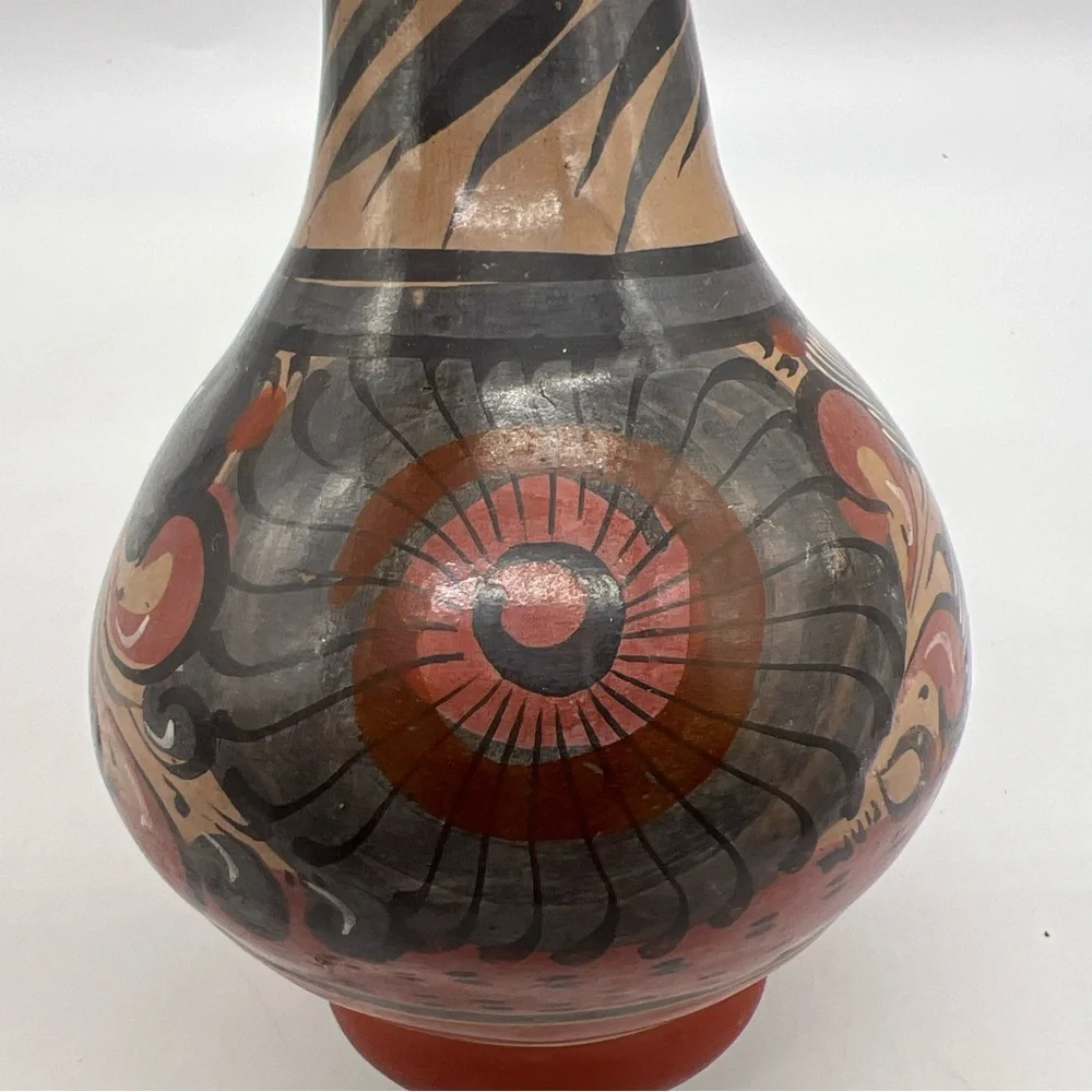 Mexican Made Tonala Vase Foral Coral Gray Color Artisan Ethnic Handmade Painted
