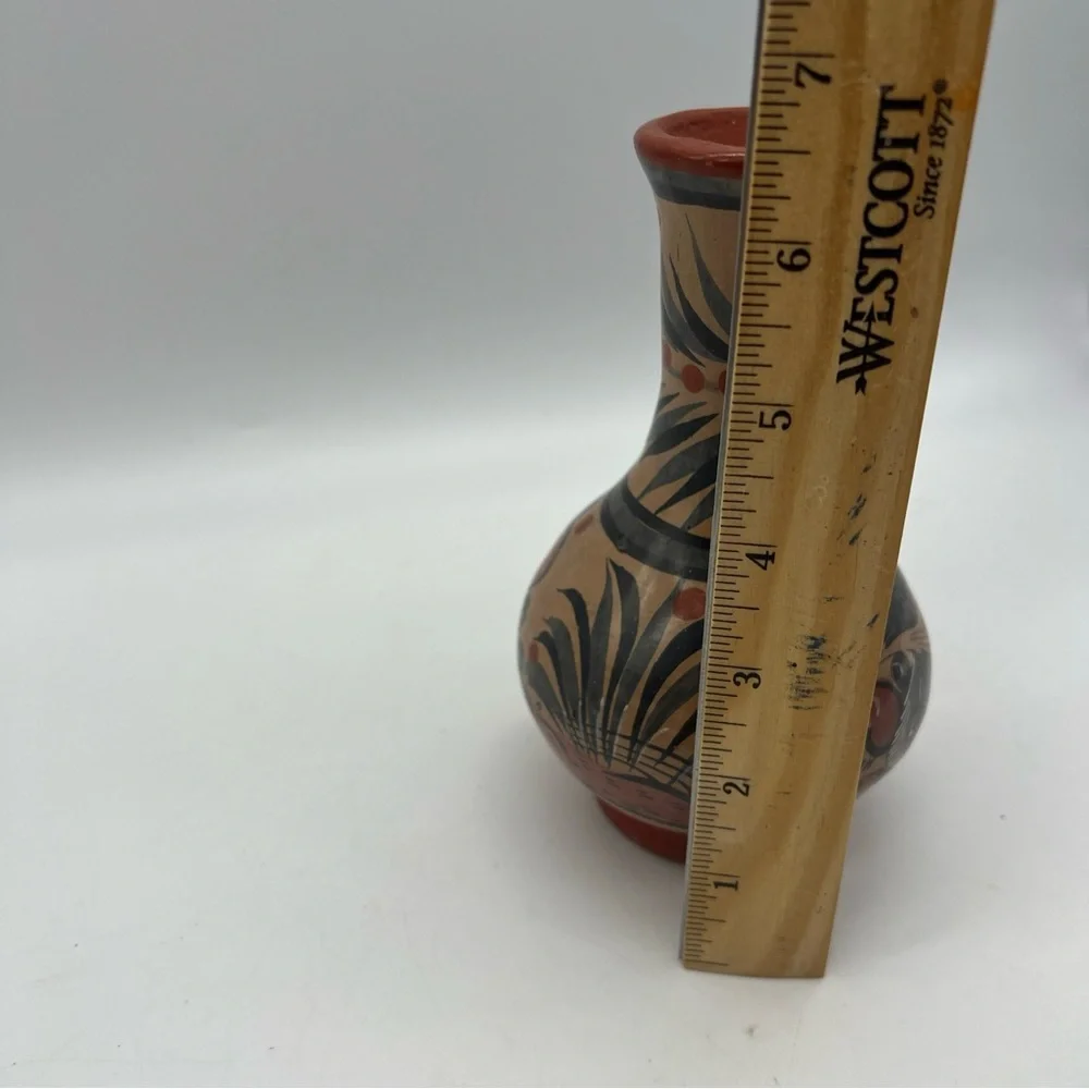 Mexican Made Tonala Vase Foral Coral Gray Color Artisan Ethnic Handmade Painted