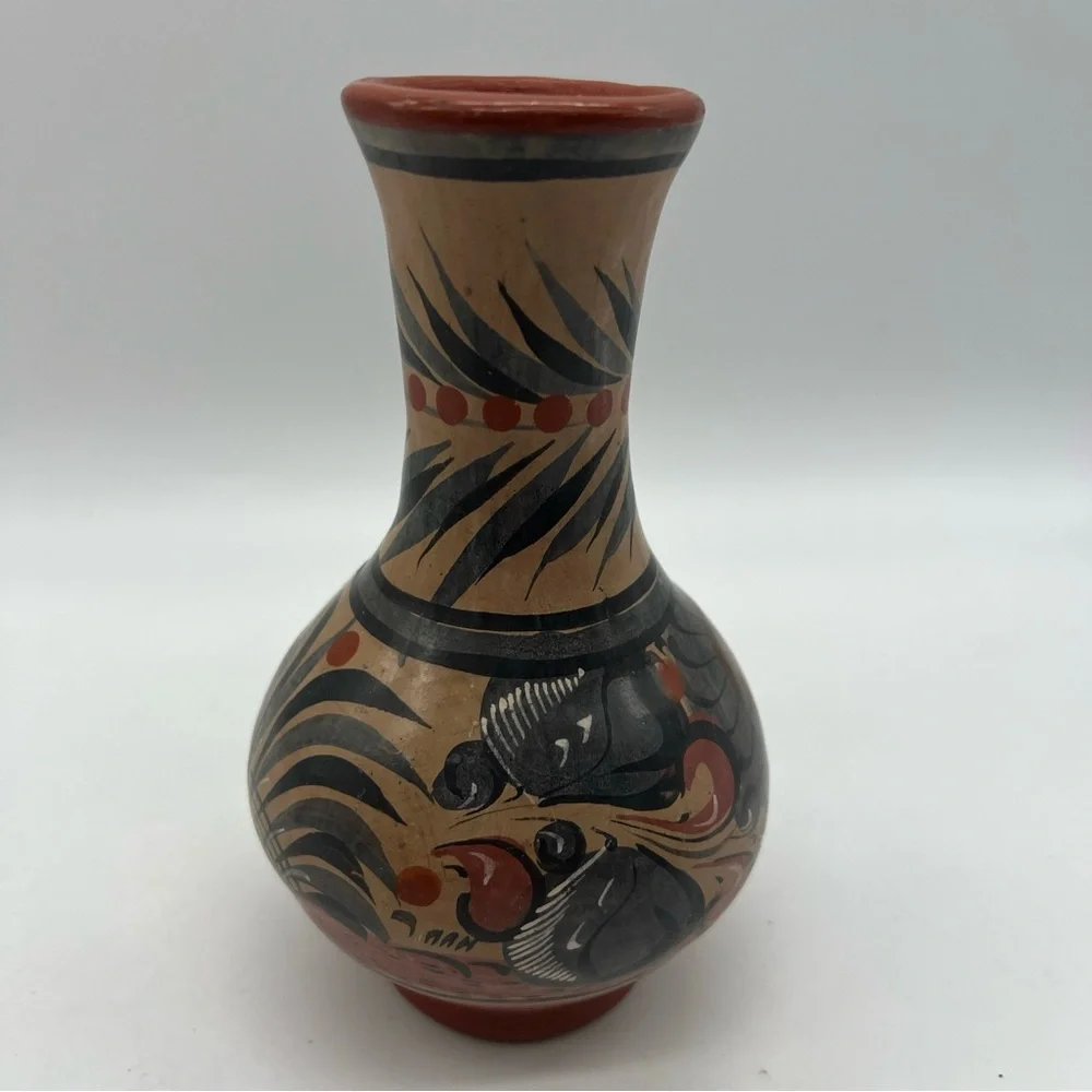 Mexican Made Tonala Vase Foral Coral Gray Color Artisan Ethnic Handmade Painted