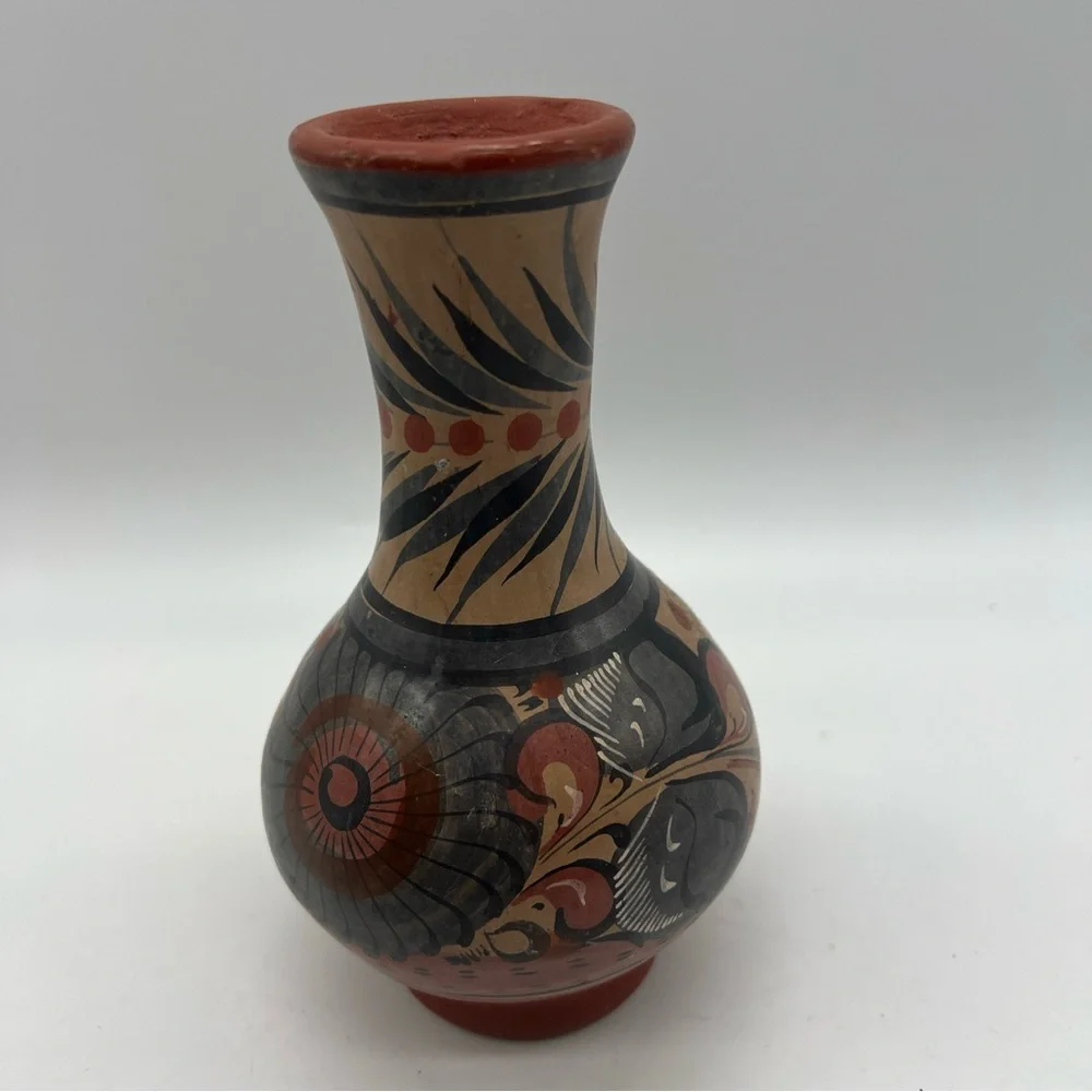 Mexican Made Tonala Vase Foral Coral Gray Color Artisan Ethnic Handmade Painted