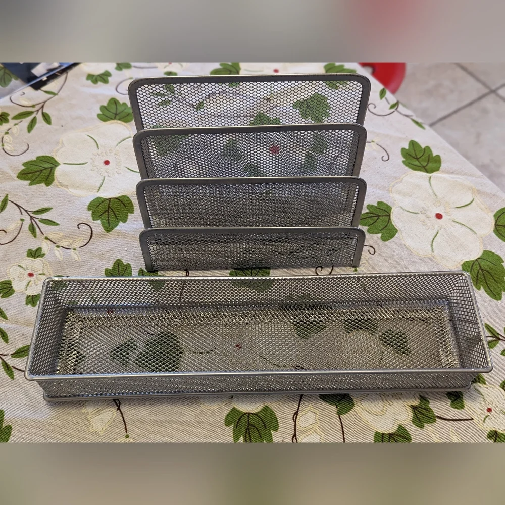 Modern silver wire desk set paper sorter and pencil holder/scissors etc.