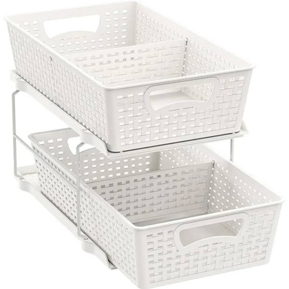 2 Tier Bathroom Organizer Tray Pull-Out Sliding Drawer/Under-Sink Storage, White