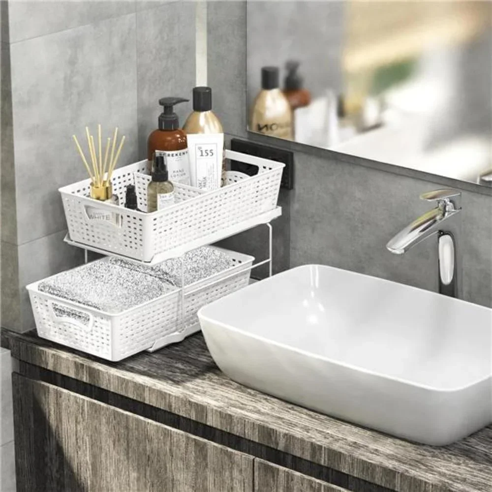 2 Tier Bathroom Organizer Tray Pull-Out Sliding Drawer/Under-Sink Storage, White
