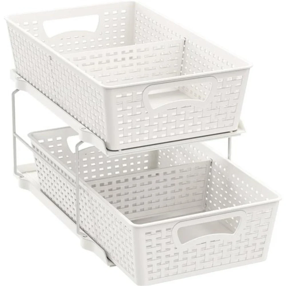 2 Tier Bathroom Organizer Tray Pull-Out Sliding Drawer/Under-Sink Storage, White