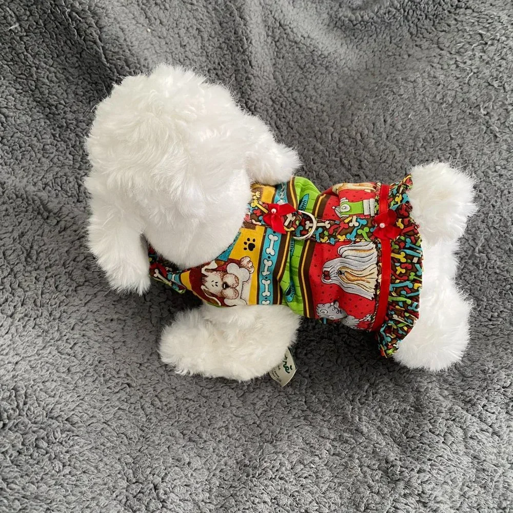 NEW- DOG PRINT ON BROWN small dog harness w-ruffle handmade