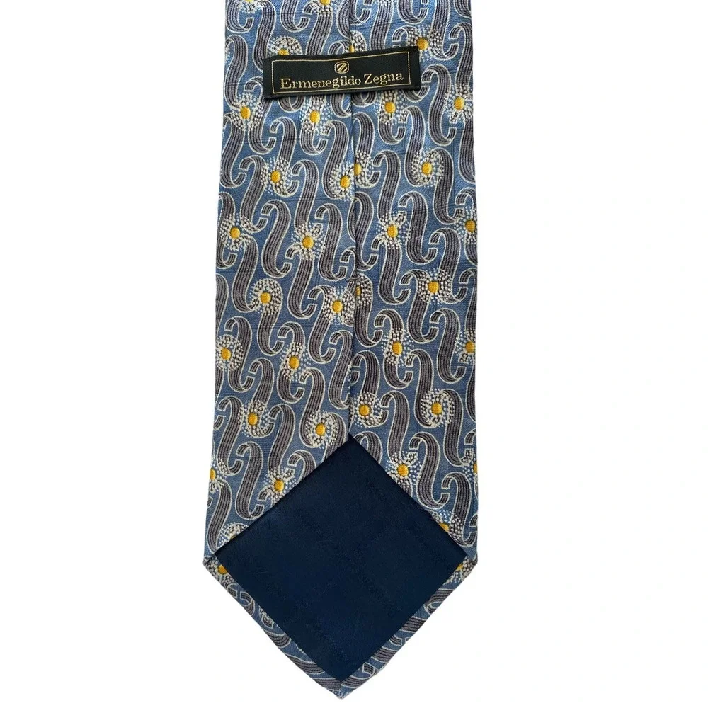 Ermenegildo Zegna Men's Tie 100% Silk Made in Italy Blue Gray Yellow 57