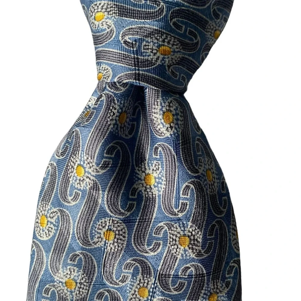 Ermenegildo Zegna Men's Tie 100% Silk Made in Italy Blue Gray Yellow 57