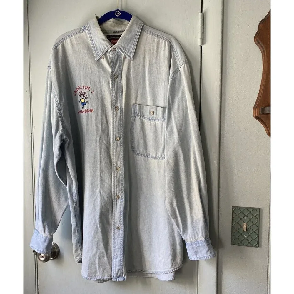 Wrangler Jean Shirt Womens Large Hero Blue faded worn long sleeve Grandma