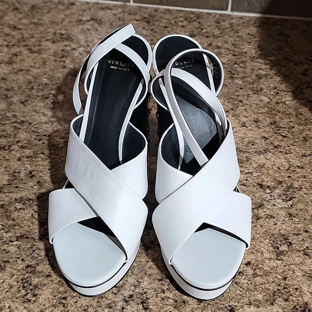 Versace Medusa Studded White Leather Platform Sandals