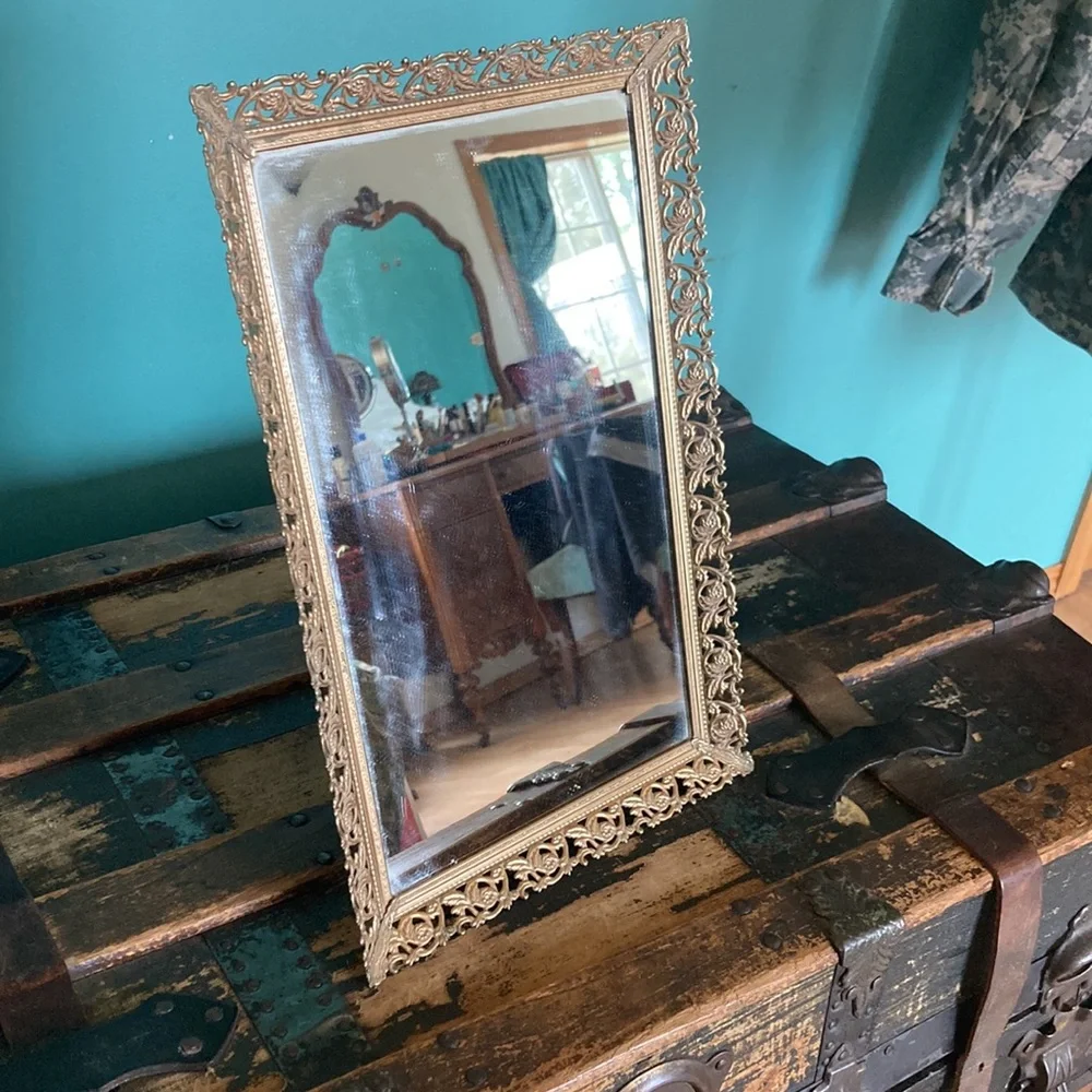 Vintage Filigree Gold Mirror Vanity Tray ,Wall Mirror, stand up vanity mirror