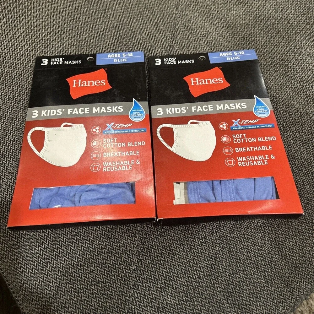 Hanes 100% Cotton Face Masks Pack of 6 Blue New Wicking Cool Comfort Kids 5-12