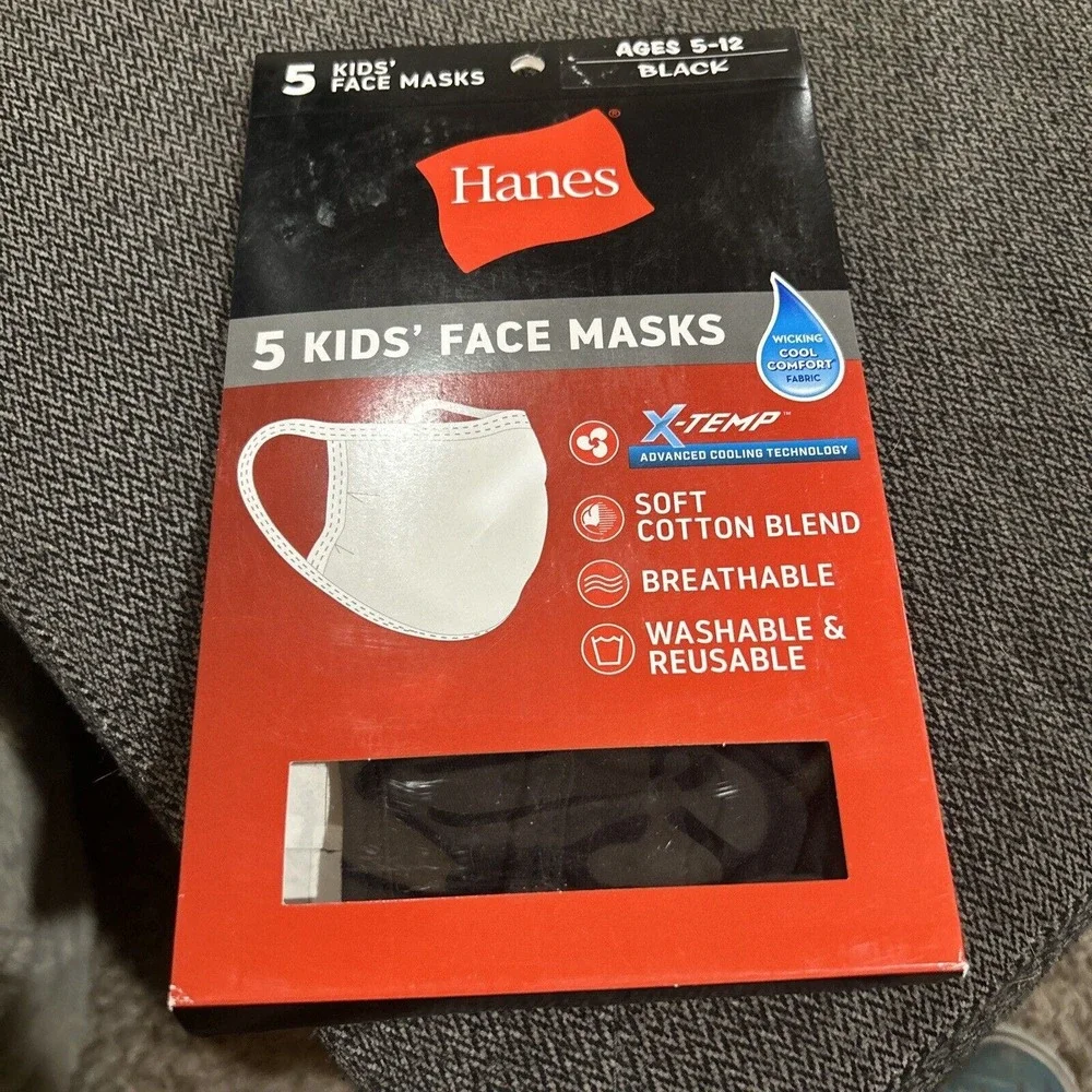 Hanes 100% Cotton Face Masks Pack of 5 Black New Wicking Cool Comfort Kids 5-12