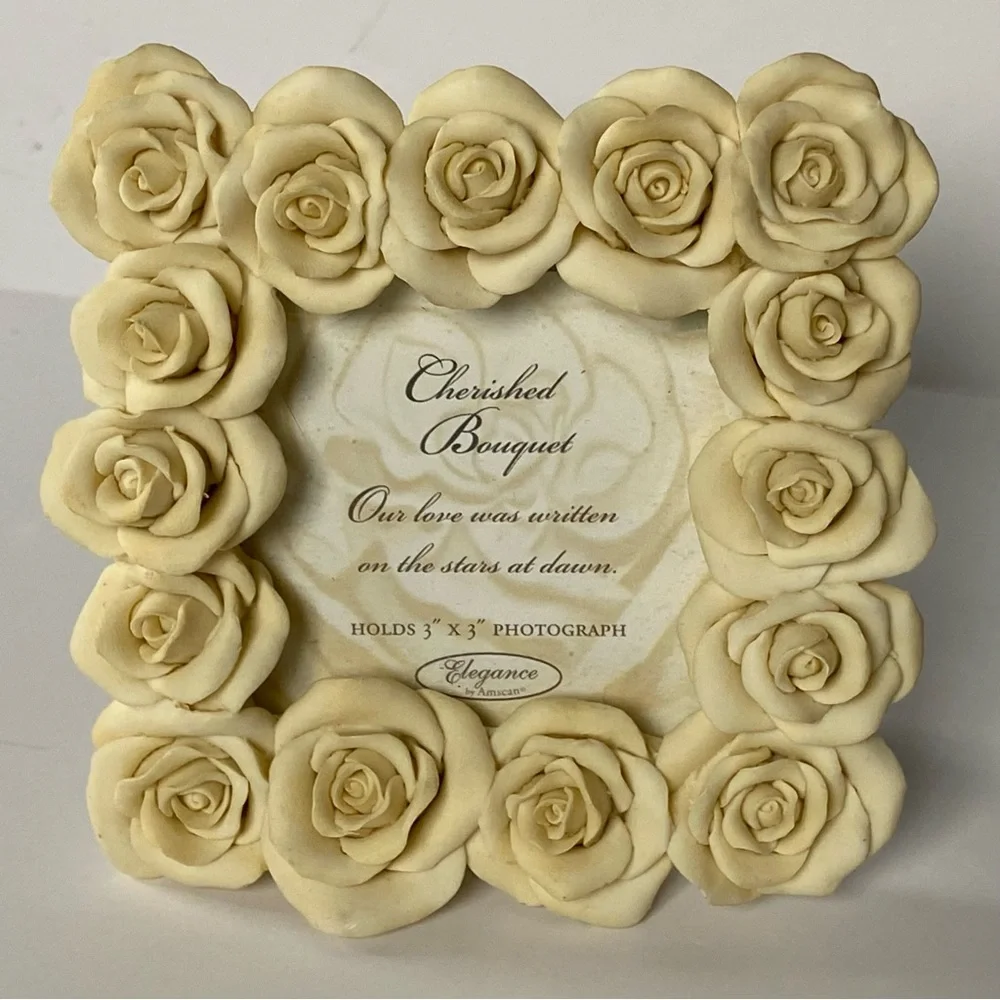Rose Picture Frame By Cherished Bouquet Ivory Flowers Floral 3” X 3” Photo