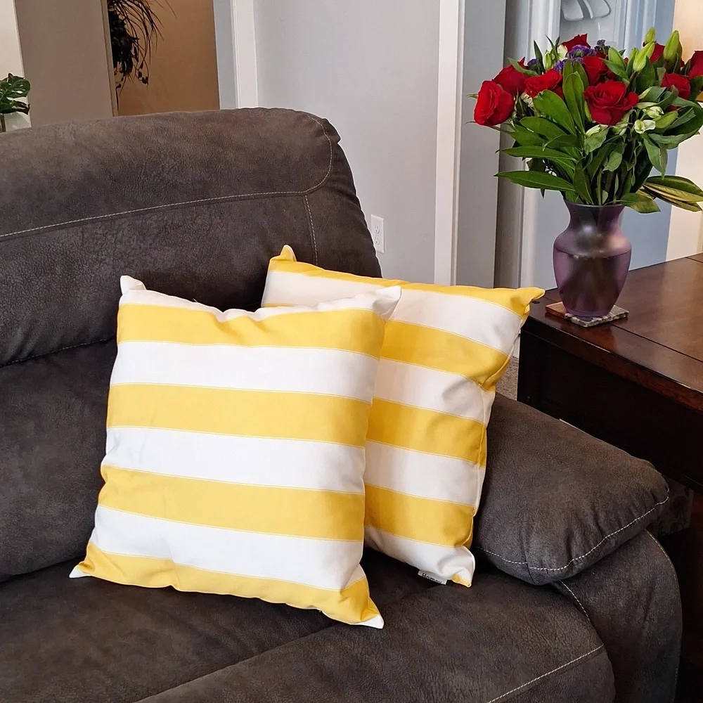 Four Yellow and White Striped Couch or Bedtop Throw Pillows 18