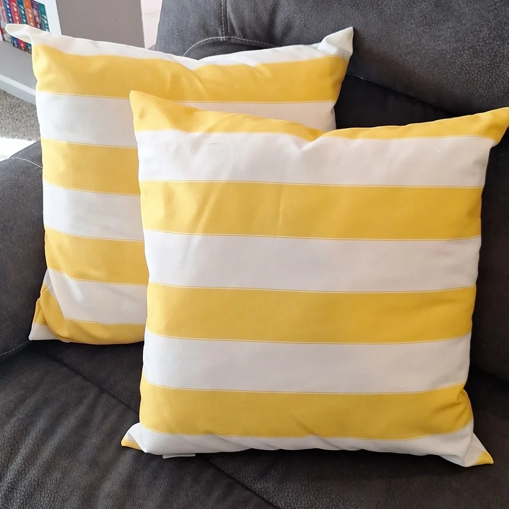 Four Yellow and White Striped Couch or Bedtop Throw Pillows 18