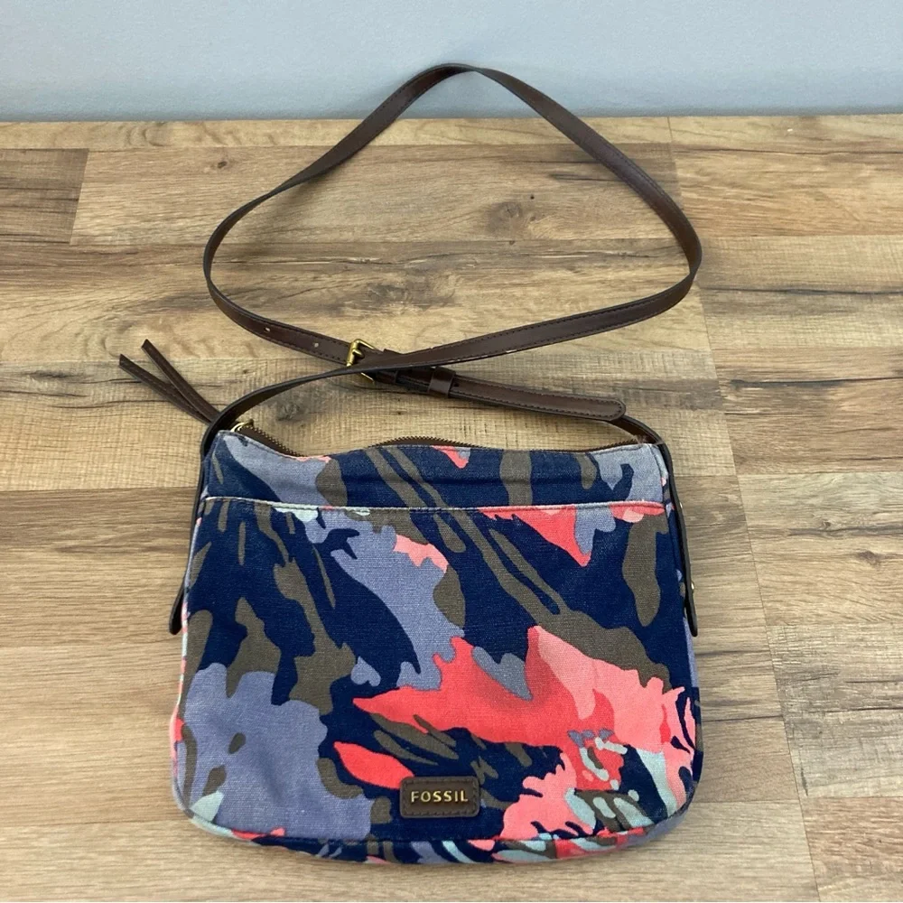 Fossil Jenna Floral Crossbody Canvas Leather Bag Blue Multicolor