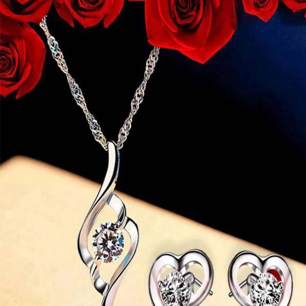 3pcs New Design Cubic Zirconia Decor Heart Shaped Necklace & Earrings Set,