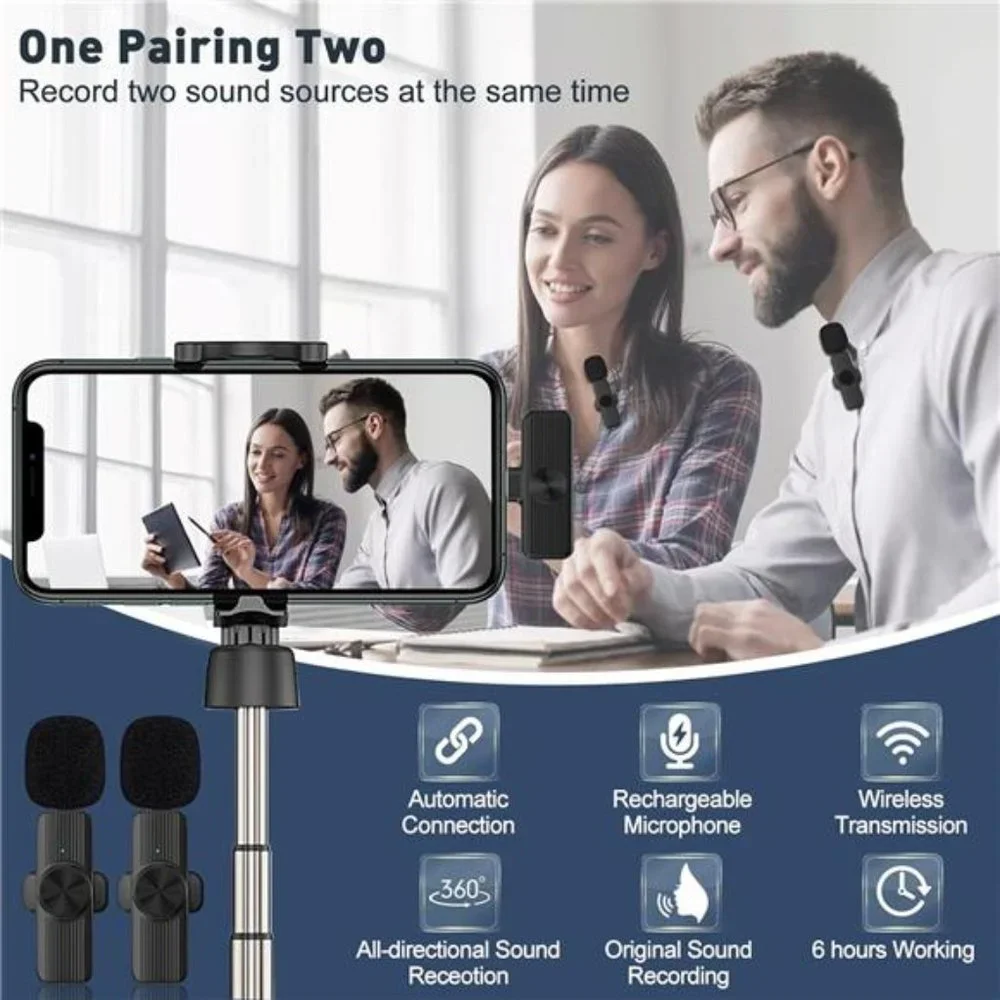 2Pcs Wireless Lavalier Microphone, Plug-Play Lapel Clip-On Mini Mic