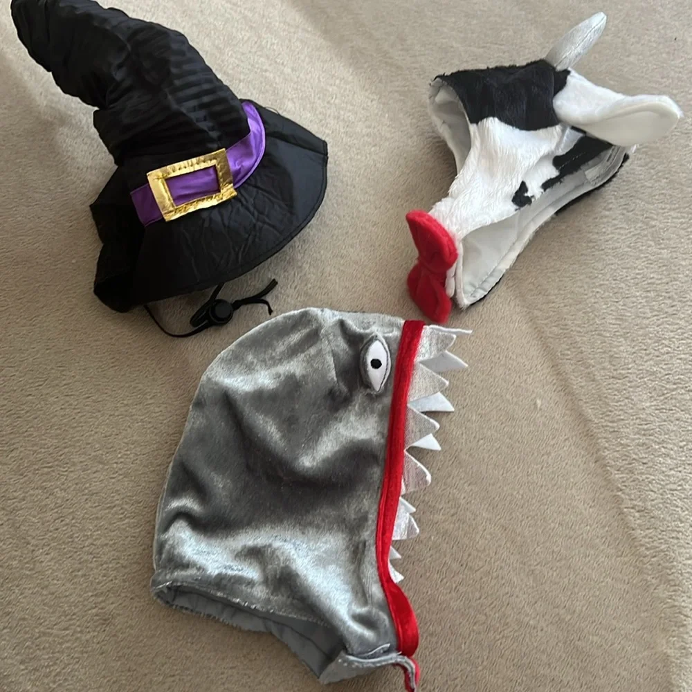 EUC Halloween Cat/Small Dog Witch Hat,Shark and Cow Costume Hats Set of 3