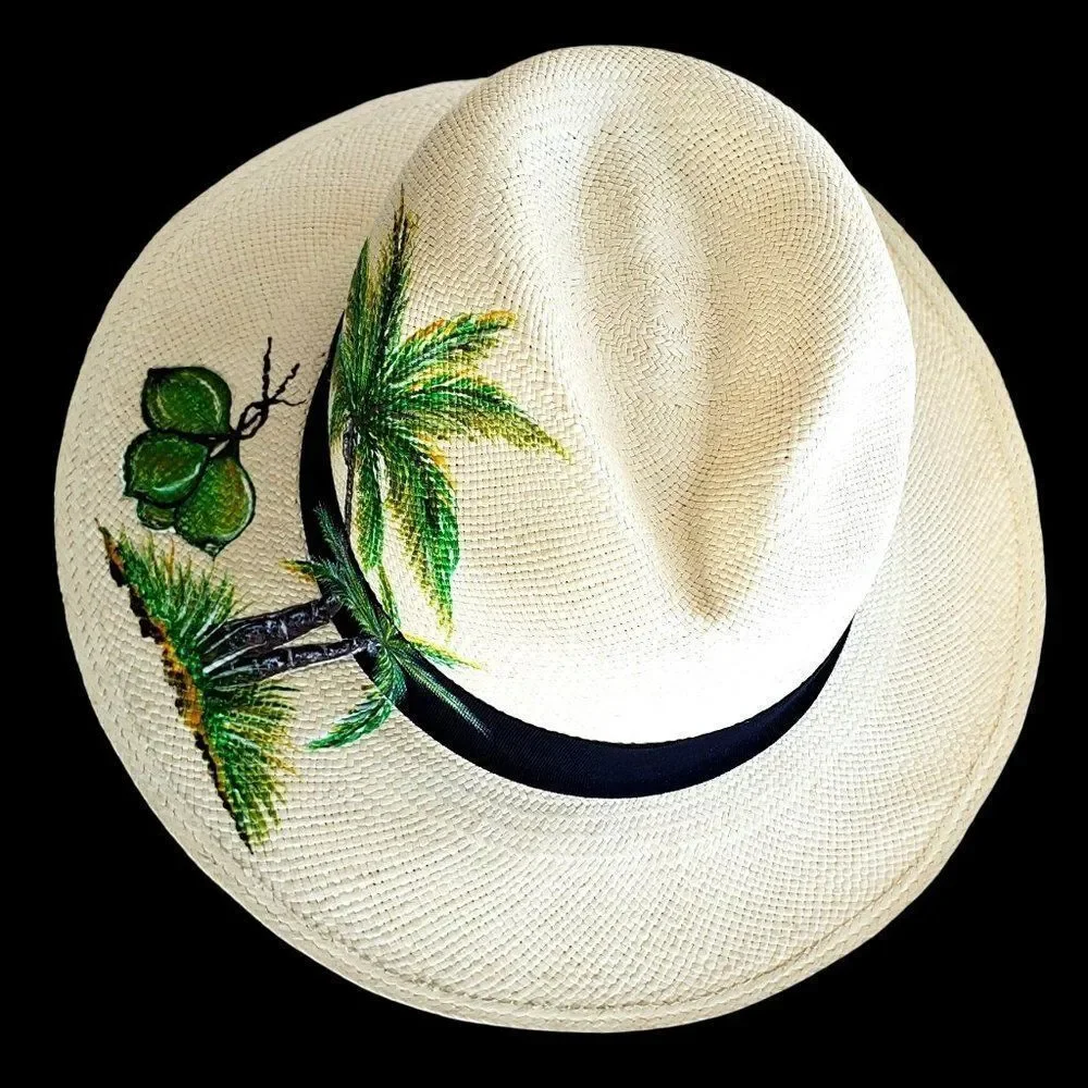 Panama Hat Medium Straw Woven Hand Painted Ecuador Beige NWOT