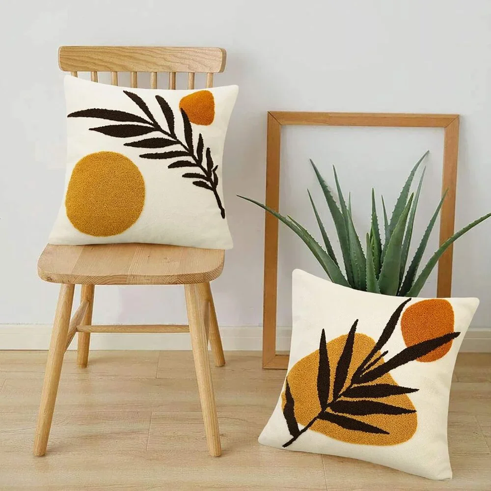 Abstract Throw Pillow Covers Orange Mid Century Geometric Leaf Decorative Cases