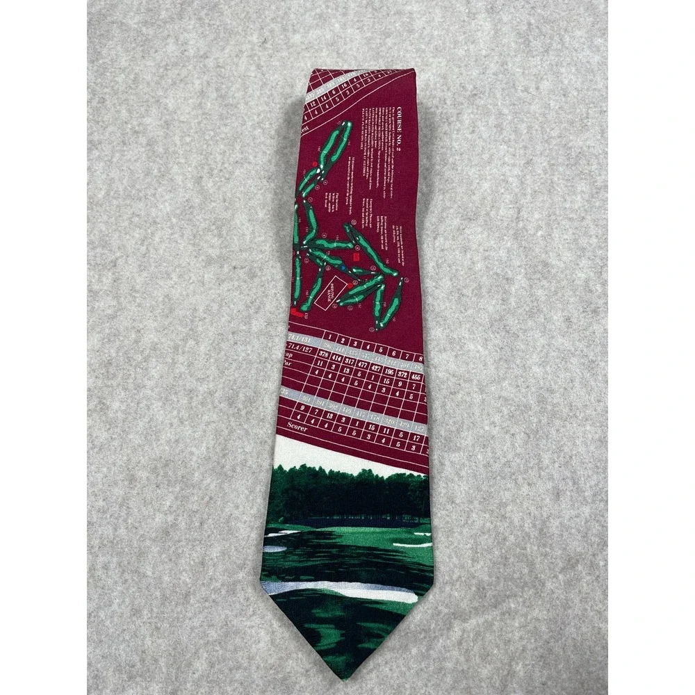 Pinehurst Golf Men's Tie Silk USA Scenic Course #2 Layout Burgundy Red Scorer
