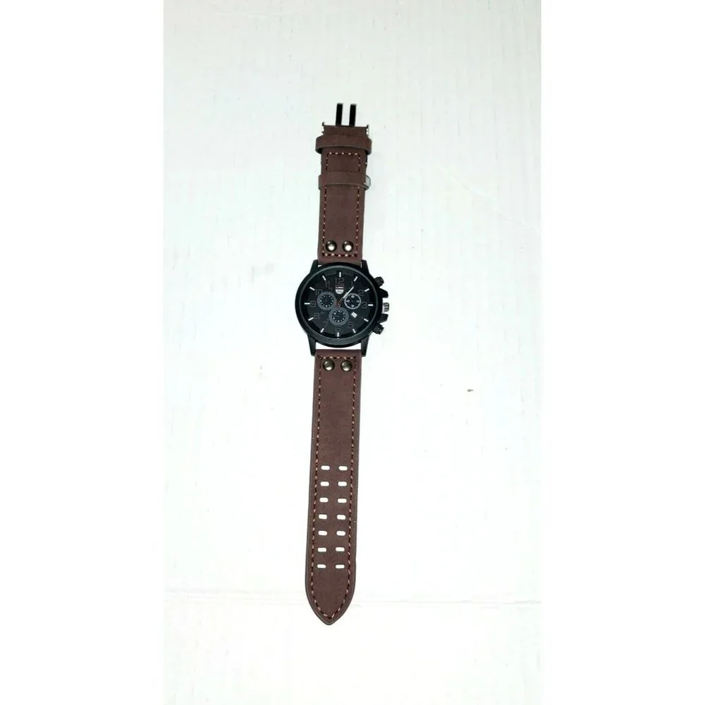 Men's Quartz Watch Bracelets Brown Leather Set