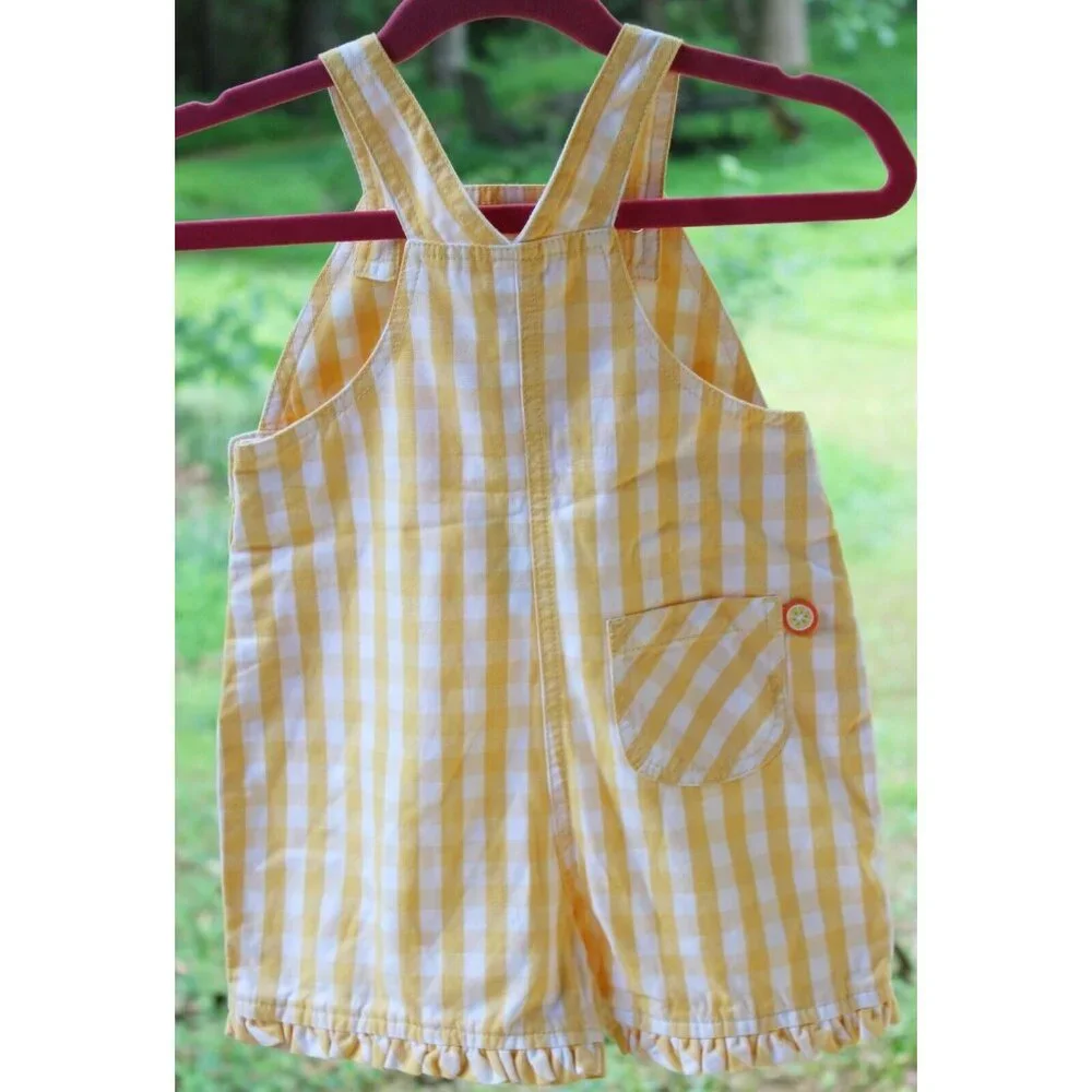 2002 Gymboree Fruit Punch Overalls Girls Yellow Plaid Ruffle Shortalls Pineapple