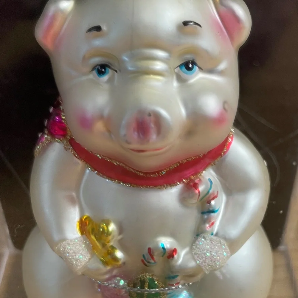 Blown Glass Pig Christmas Ornament Hand Painted w Display Case Super Cute!