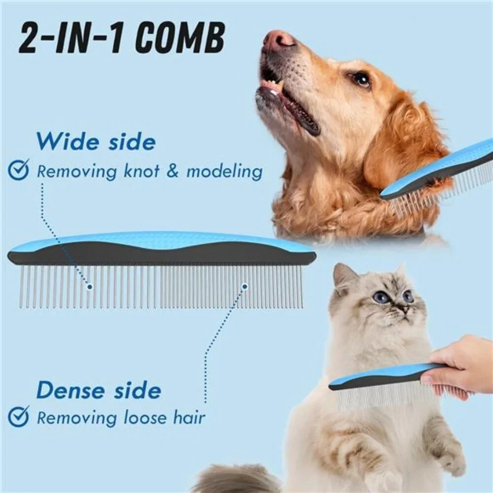 Pet Grooming Brush and Metal Comb Combo, Cat Brush Dog Brush for Shedding