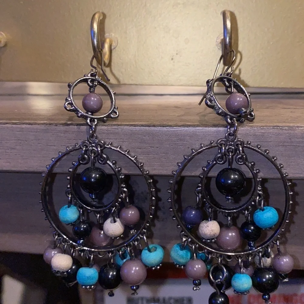 Black turquoise taupe gray dangle earrings 2.75”​