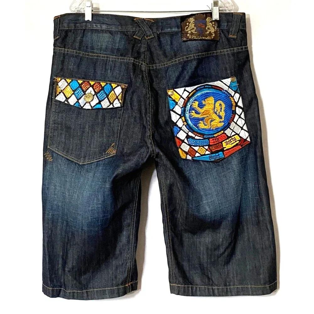 7th 38 Jean Shorts Mens Size 40 Blue Medium Wash Embroidered Gems Flaws Read