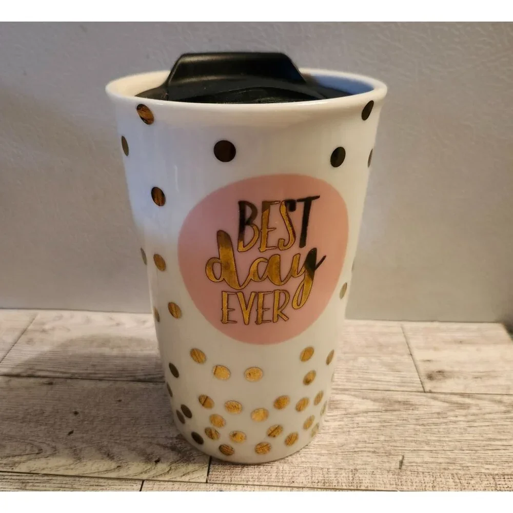 Ceramic Travel Mug with Lid Best Day Ever Polka Dot Charming Charlie
