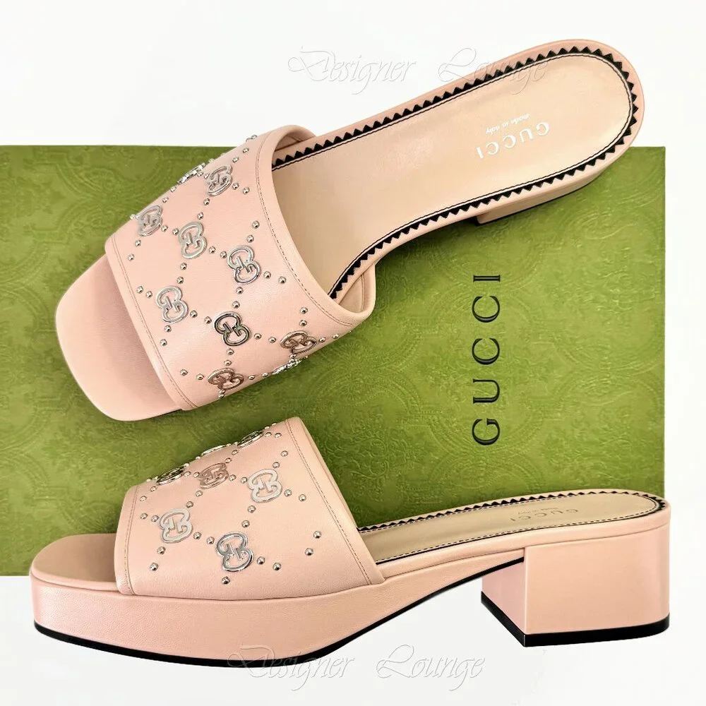 NEW GUCCI Janaya Interlocking GG Studs Rose Leather Sandals Slides EU 41 US 11