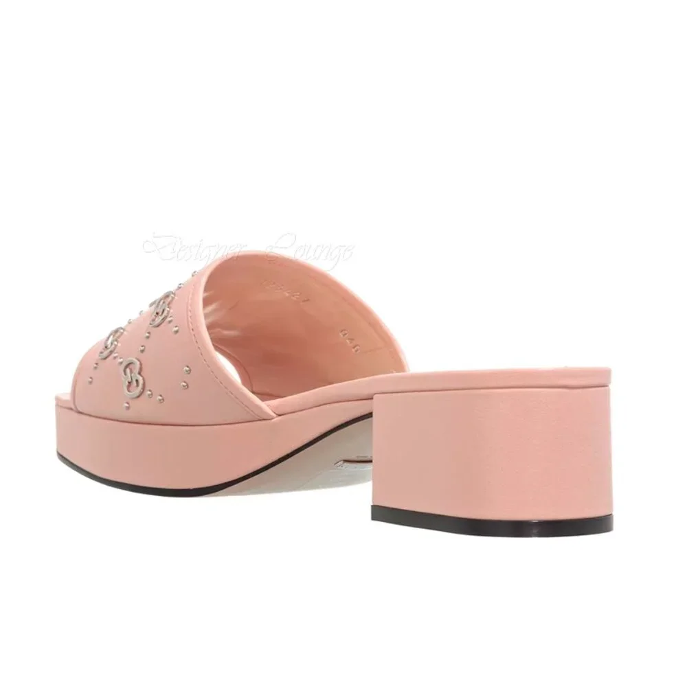 NEW GUCCI Janaya Interlocking GG Studs Rose Leather Sandals Slides EU 41 US 11