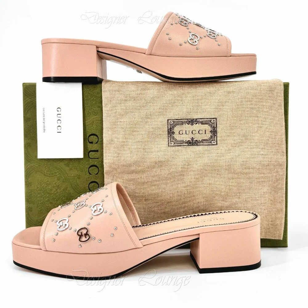 NEW GUCCI Janaya Interlocking GG Studs Rose Leather Sandals Slides EU 41 US 11