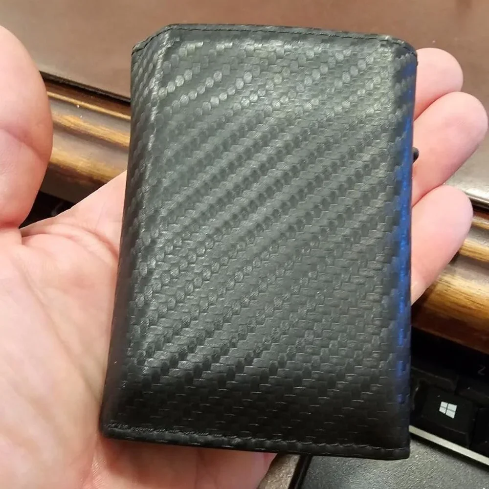 Mens Wallet Card Holder: Pop Up Aluminum Case, Genuine Leather, Smart, RFID