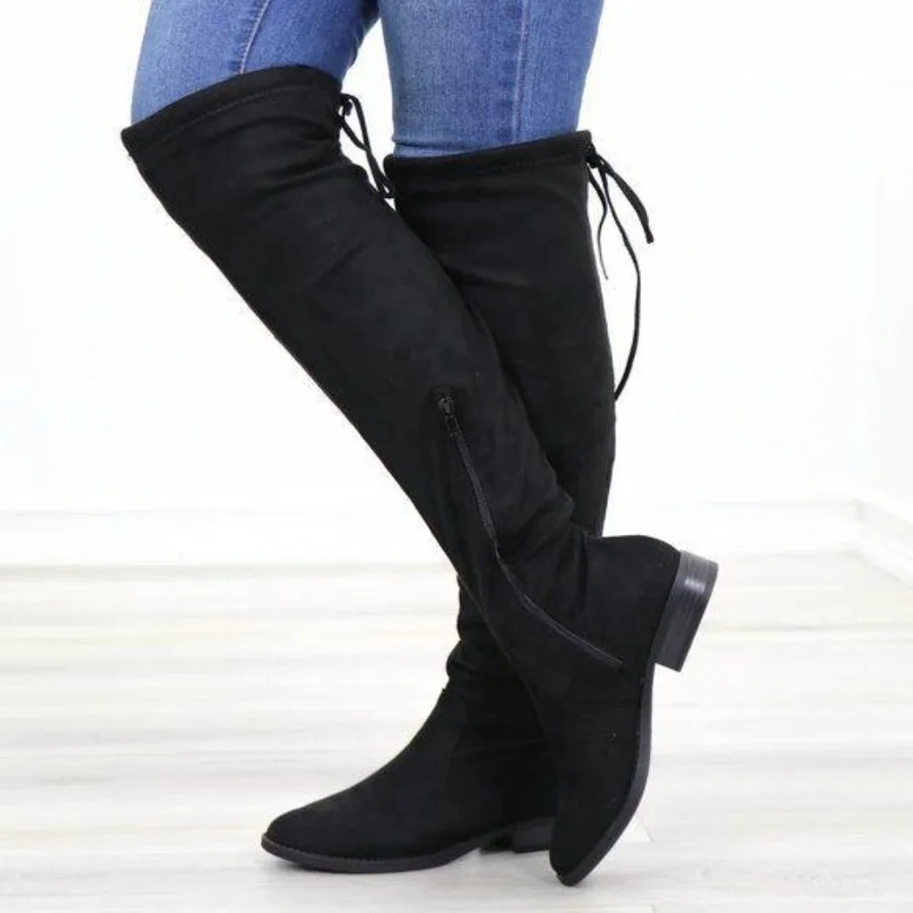 Black Suede Over the Knee Boots Low Heel Tie Back Detail