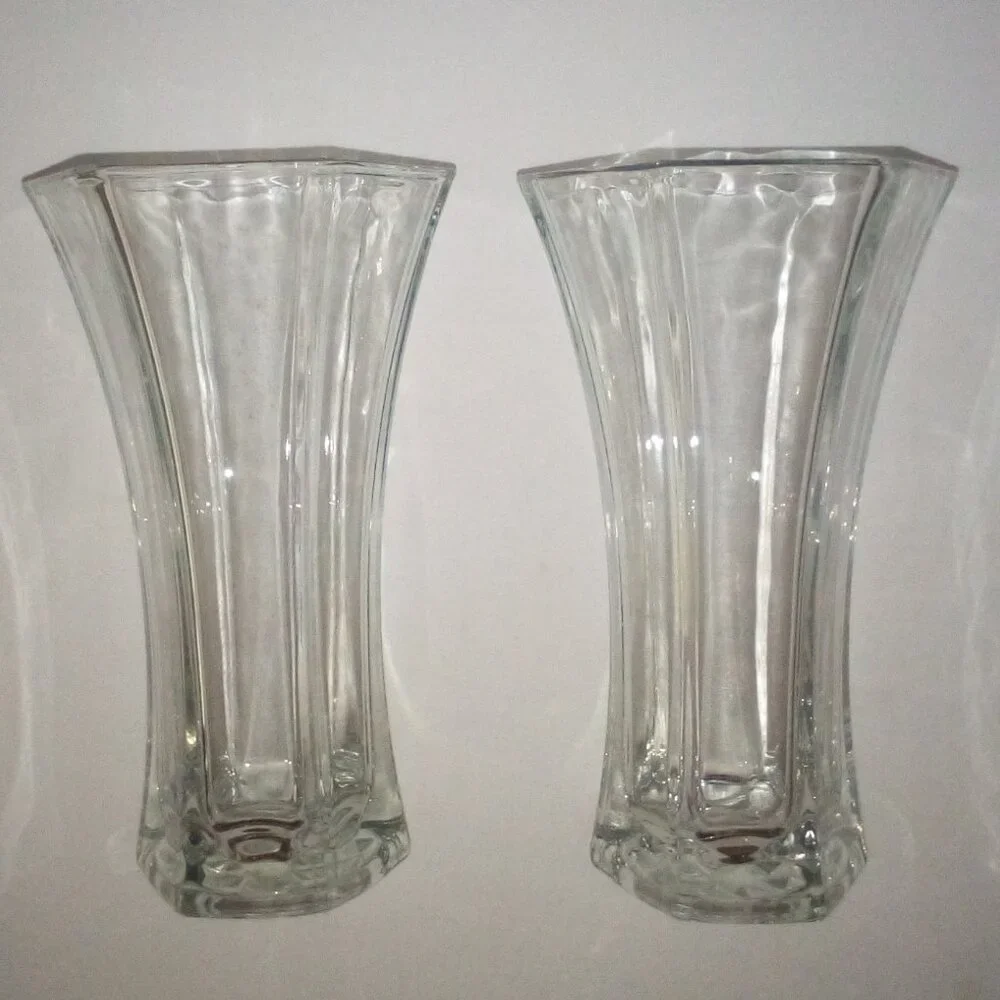 Pair of Crystal Glass Vases:  Thick.  Heavy.  Hexagon.  Excellent Condition