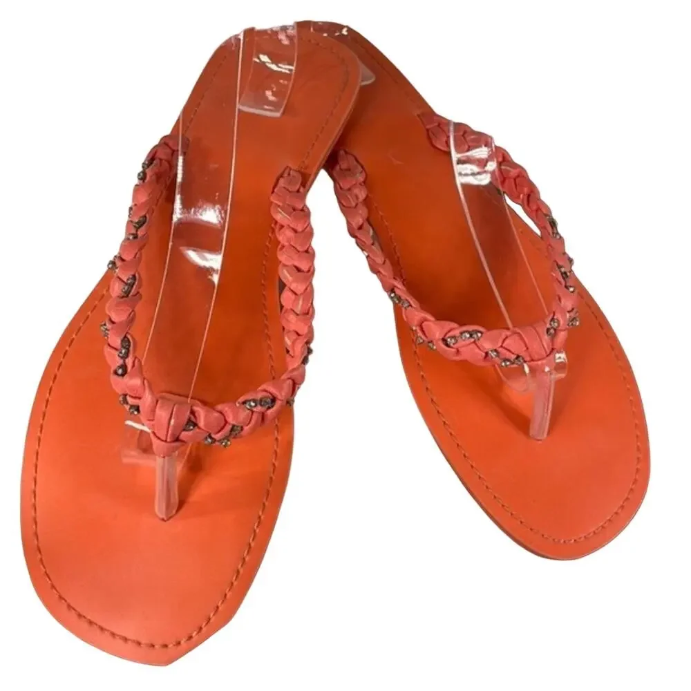 Coral Braided Jeweled Strap Flat Flip Flop Size 11/12.  Beach Coastal Summer Fun