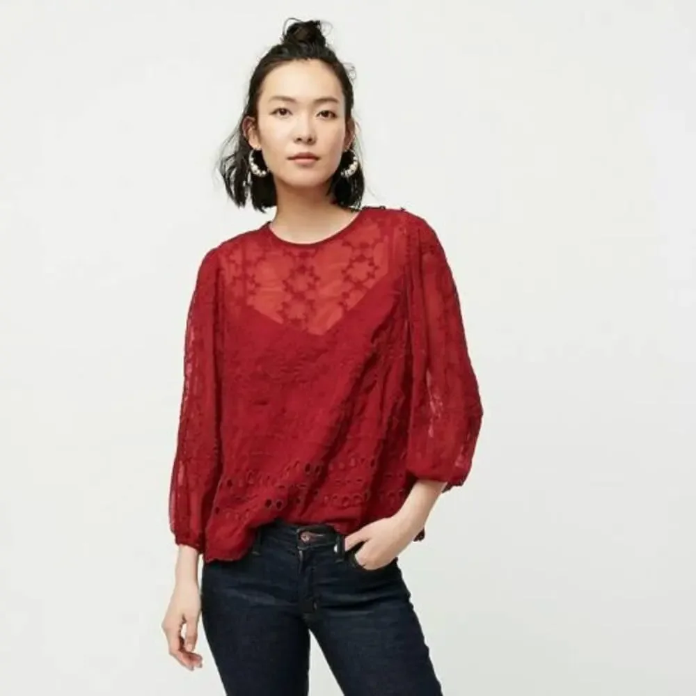 J Crew Red Eyelet Peasant Blouse Medium NWT MSRP $110