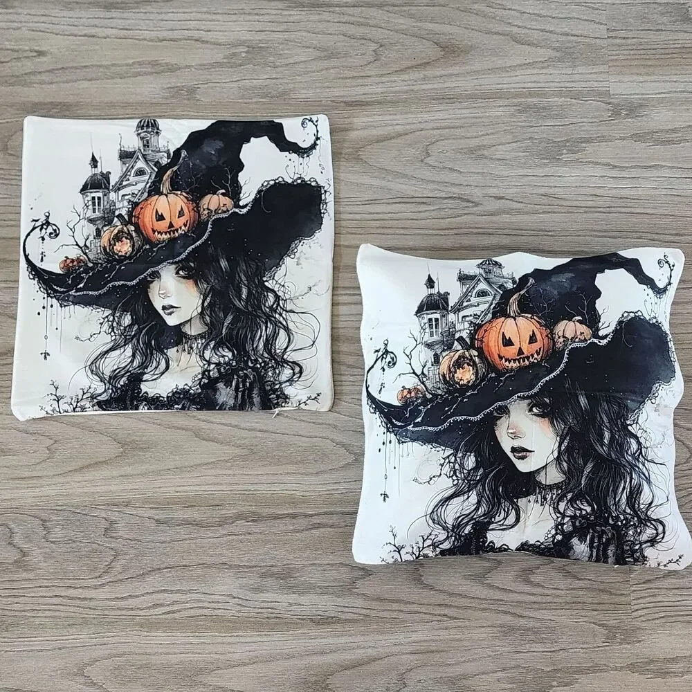 Halloween Gothic Witch Throw Pillow Covers Hat w/Pumpkins Zip Closure Set Of 2
