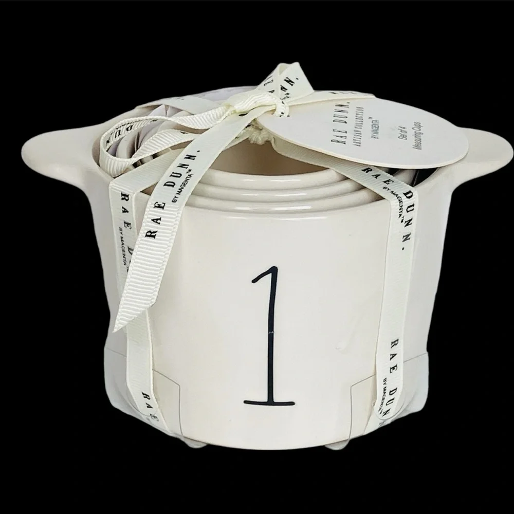 RAE DUNN Set of 4 Dual Handle White Ceramic Measuring Cups with Black Numbers