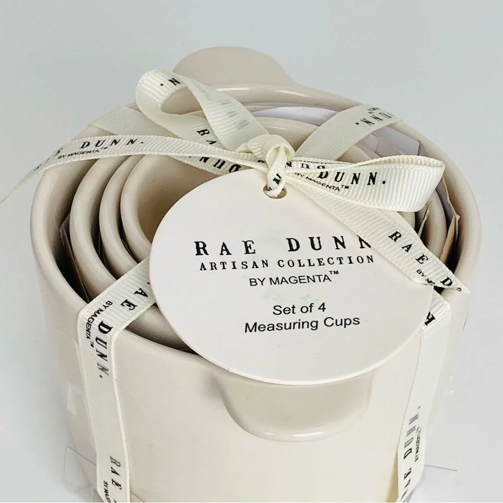 RAE DUNN Set of 4 Dual Handle White Ceramic Measuring Cups with Black Numbers
