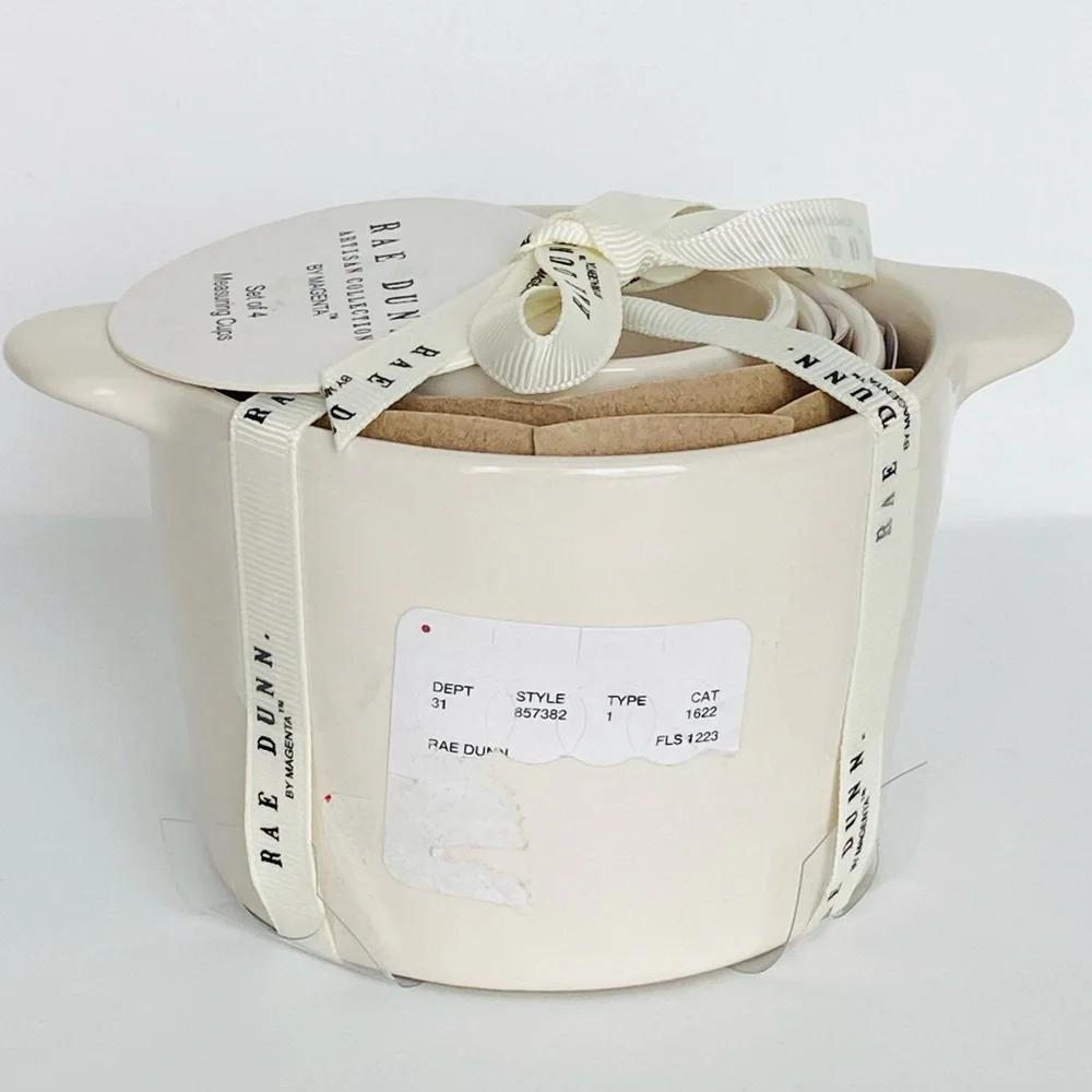 RAE DUNN Set of 4 Dual Handle White Ceramic Measuring Cups with Black Numbers