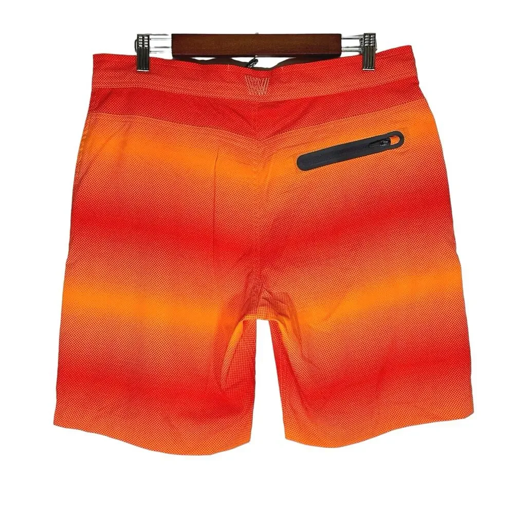 Mack Weldon | Men | Orange Spark Pulse Stripe Beach Swim Board Shorts | Sz 33/34