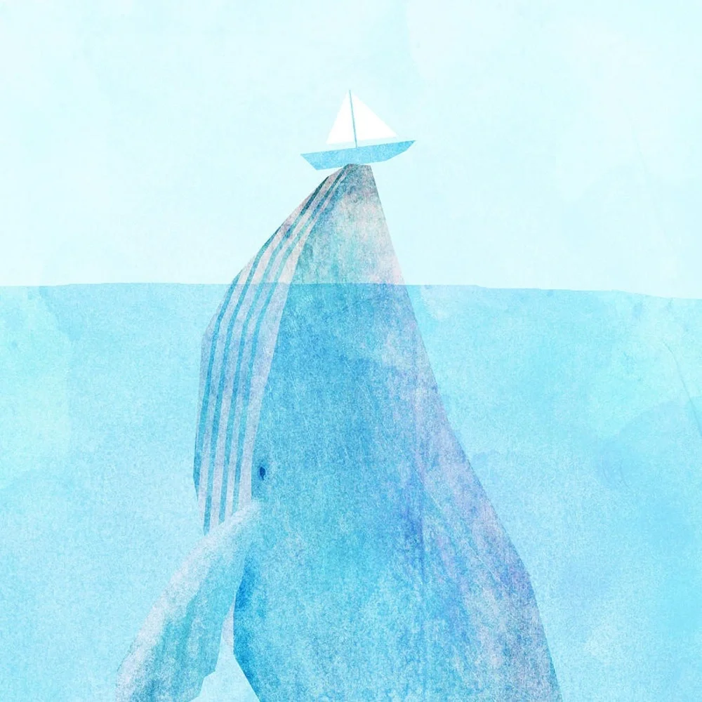 Blue whale sailboat watercolor wall tapestry