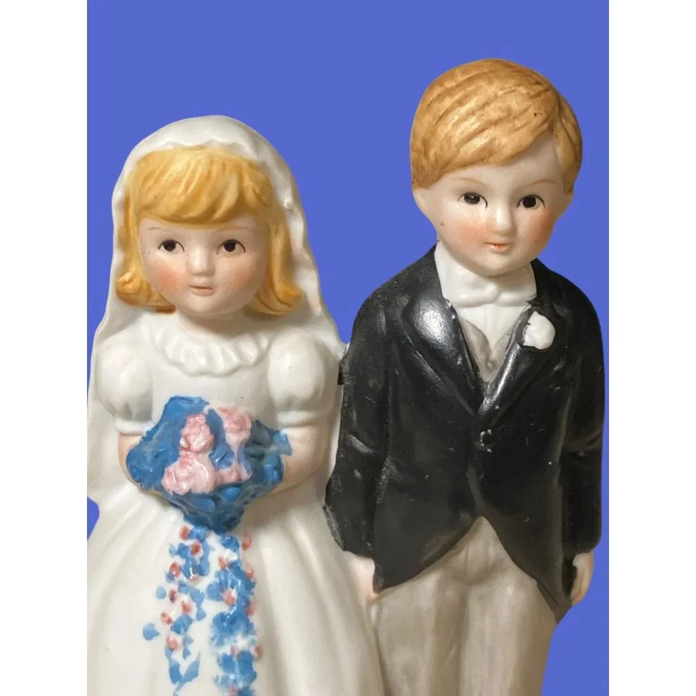 Vintage Porcelain Bride Groom Bell, Cake Topper Wedding Dress Tux