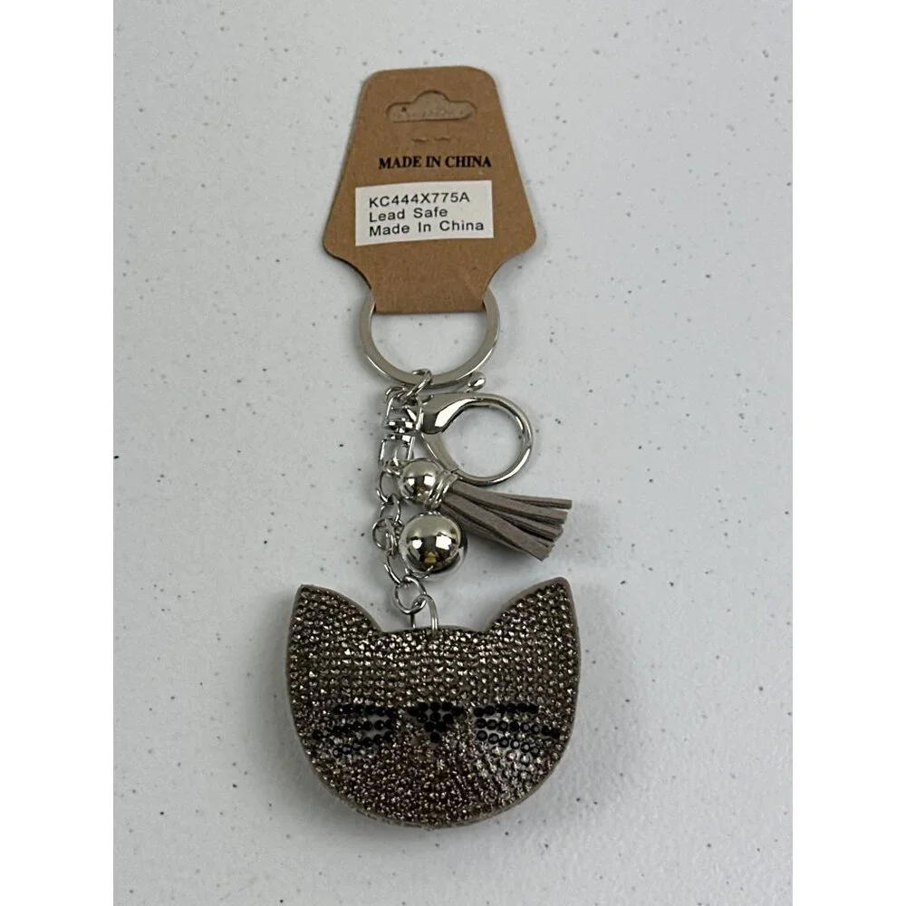 Cat Face Rhinestone Keychain With Tassel & Bell Lead Safe