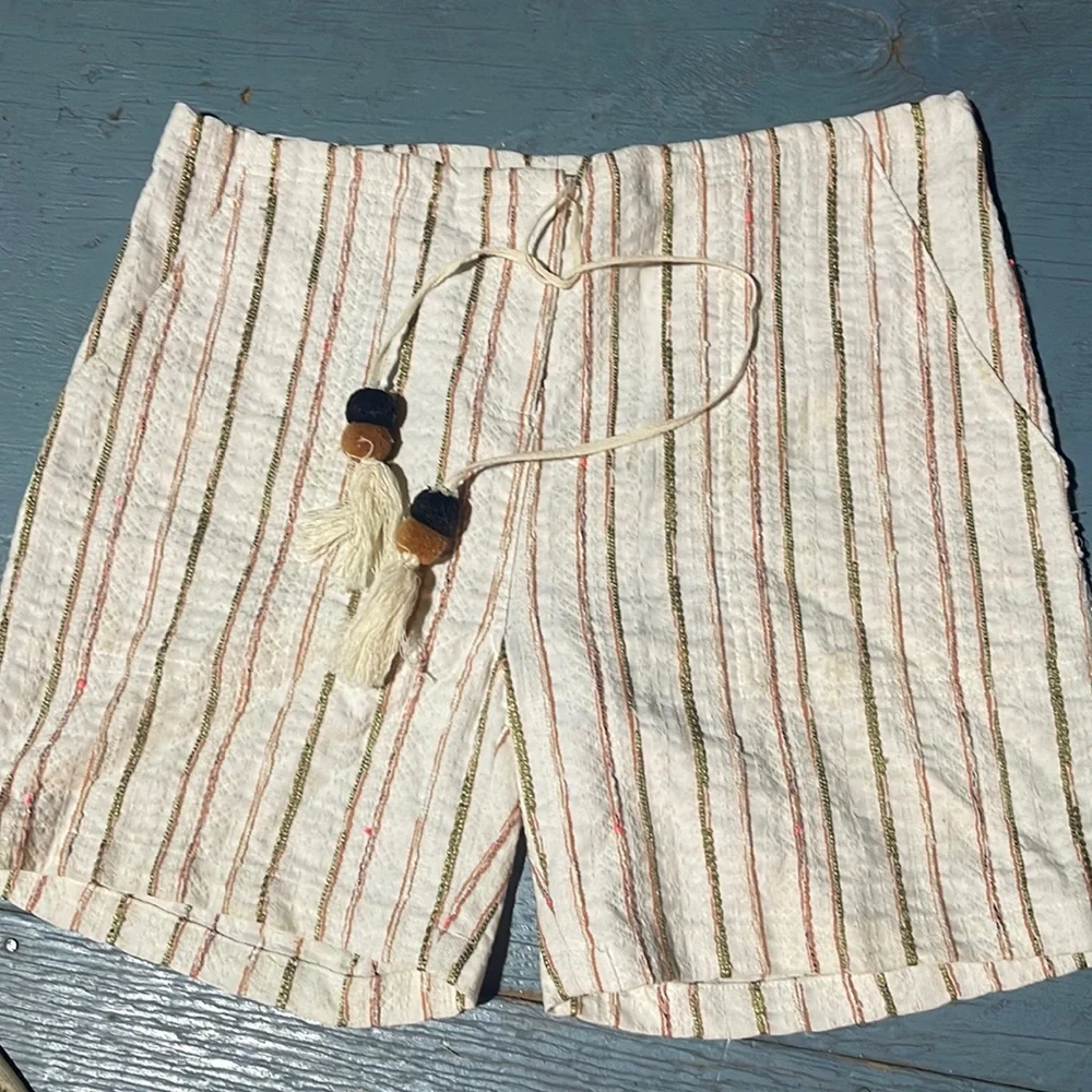 Johnny Was Workshop Shorts S EUC linen striped tie front tassel